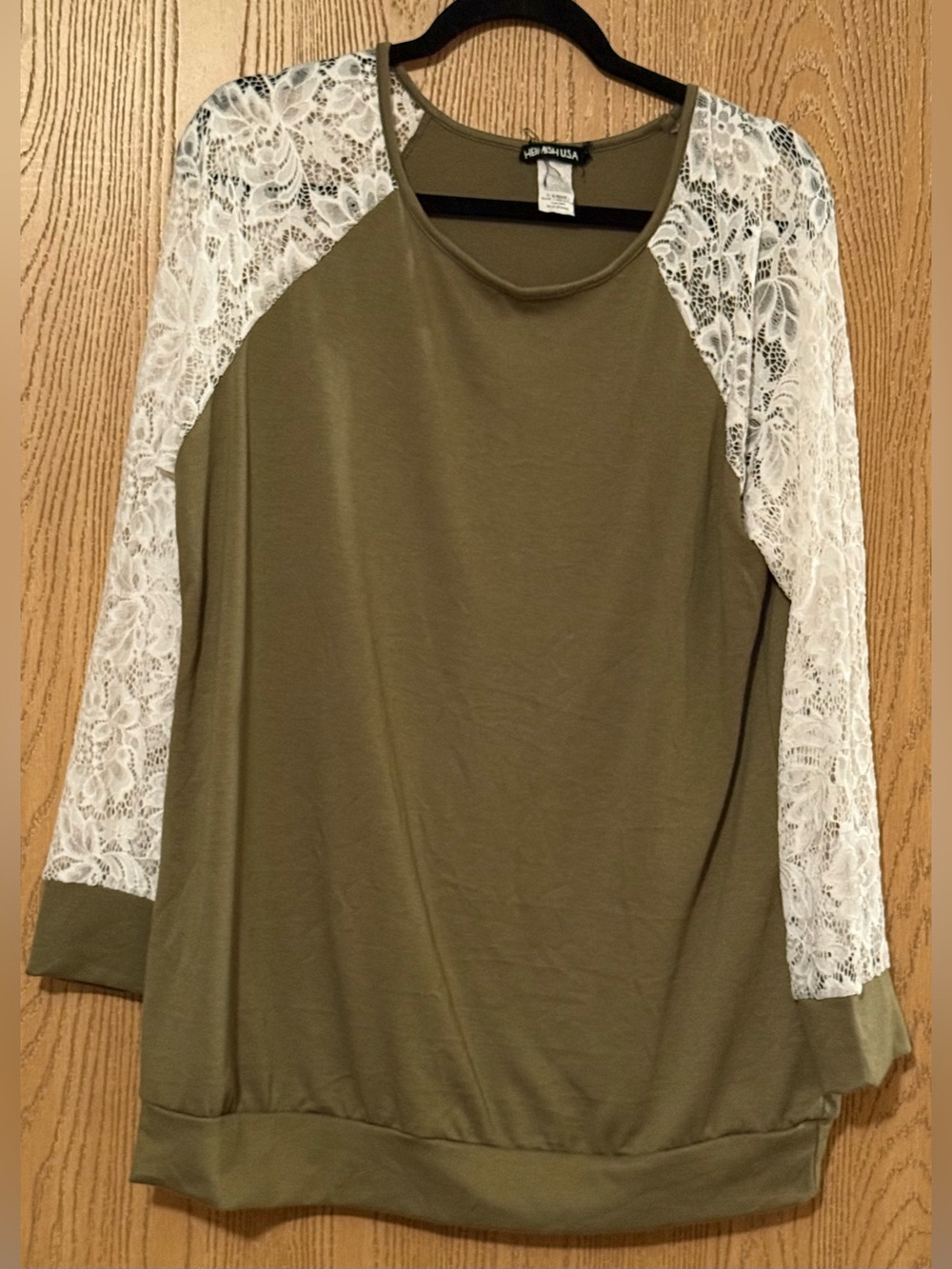 HEIMISH USA Olive Green Raglan Top with White Lace Sleeves
